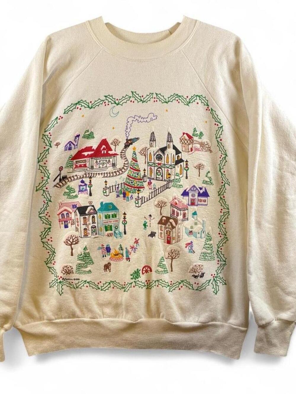 Women's Cream and White Christmas Village Embroidered Sweatshirt, Very